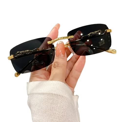 RoshfortMc Stan Rimless Men and Womens Sunglasses Retro Luxury Gold Metal Frameless Rectangle Leopard Arms Colored Lens Sun Glasses