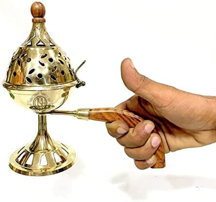 NATARAJ GALLERY Brass Loban Burner with Handle, Dhoop Dhuni Burner Sambrani Dhoop, Resin & Home Office Temple Prayer Butler