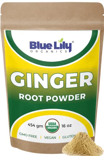 Blue Lily Organic Ground Ginger Root (1 lb) - USDA Certified Organic Ginger Powder for Cooking, Baking, Tea & More - Boosts Immunity & Metabolism - Non-GMO, All Natural Zingiber Officinale Powder