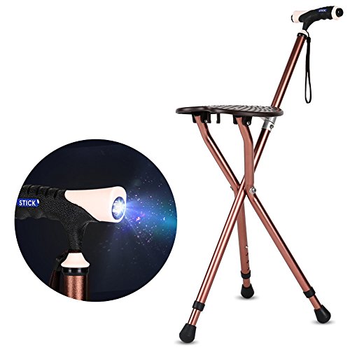 GZYYY Canes Stool for Men and Women Fashionable Collapsible Walking Cane with Seat Attached Three Tips Prongs Heavy Duty Adjustable Folding Light Weight with Light and T Handle Aluminum Brown