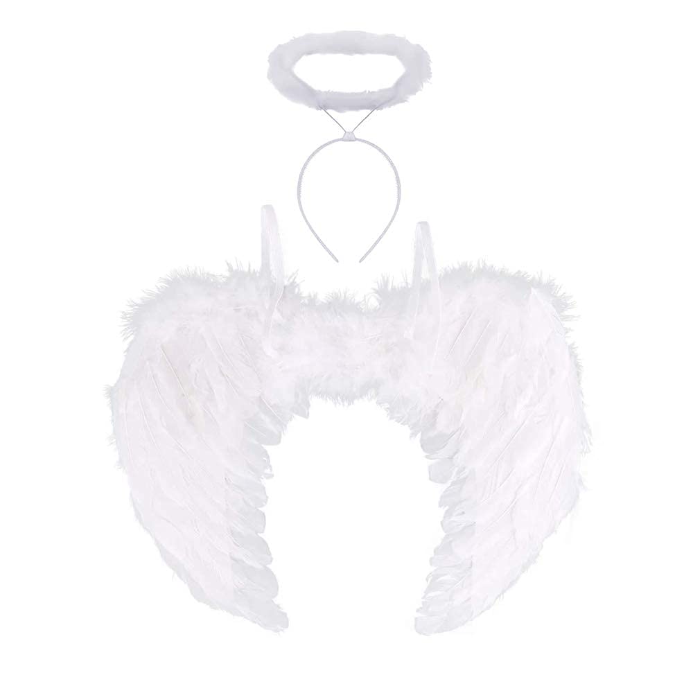 Zemolo Angel Wings and Halo Set Feather Devil Wings Fairy Wings Halloween Christmas Fancy Dress Costume Party for Kids Adults White