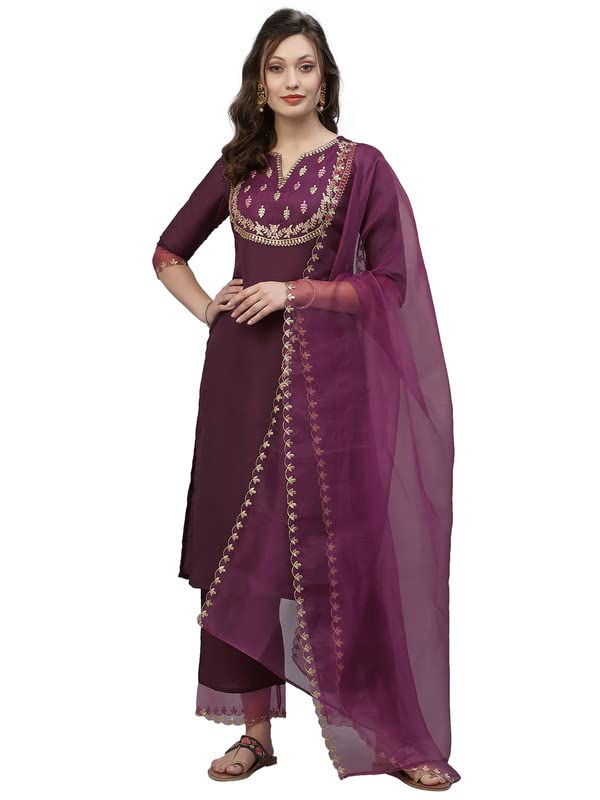 SanisaWomen's Embroidery Straight Kurta Set with Dupatta, Wine, 42