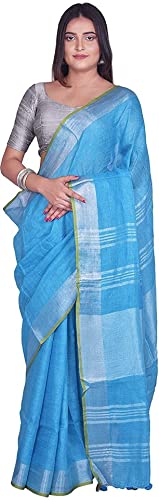 INDIA SILK PWCS LTDDyed Bhagalpuri Cotton Linen Blend Saree (Blue)