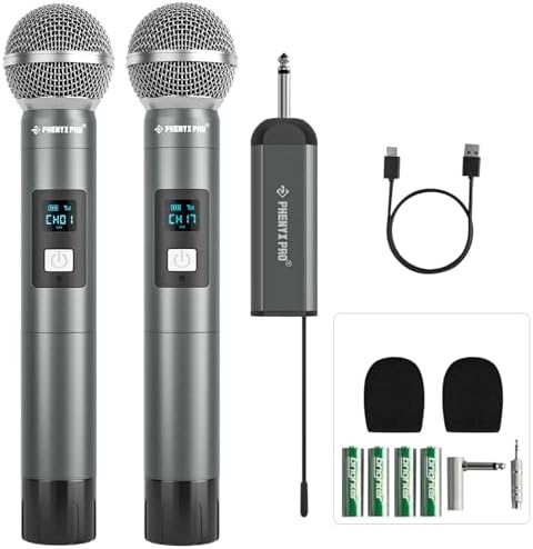 Phenyx Pro Dual Digital Wireless Microphone System, w/2 Handheld Dynamic Microphones,15 UHF Frequency Groups, Mini Receiver, Metal Cordless Microphone for Karaoke,Church,DJ,Singing (PDP-2-2H)
