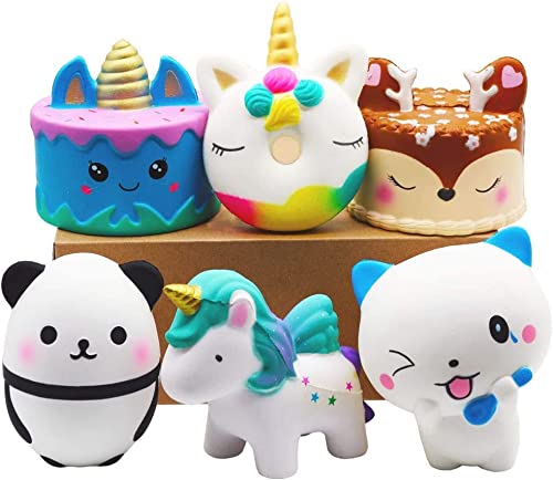 Lizhasie 6 Pcs Squishies Toy Jumbo Slow Rising Unicorn Horse,Cake,Unicorn Donut,Panda,Spoon Cat Set for Kids Party Favors Stress Relief Toys