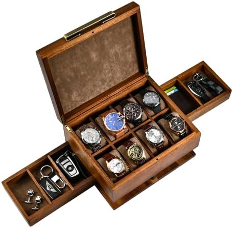 Shanik Luxury Large Watch Box Organizer for Men with 8 Divided Slots, Soft Velvet Pillows, and Pull-Out Drawers for Wallet, Cufflinks, and Accessories