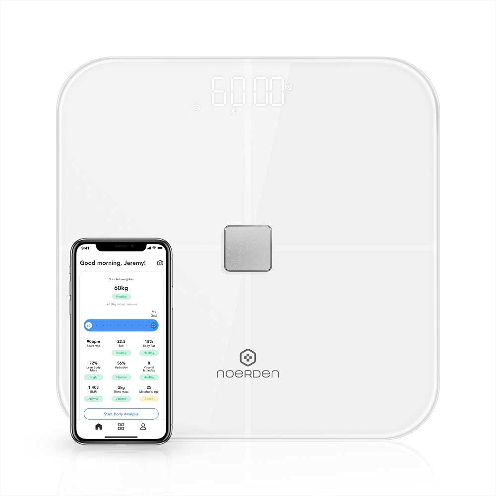 NOERDEN - Smart Body Scale SENSORI - Scale for Body Weight with Step-On Technology, Wi-Fi/Bluetooth, LED Display and Tempered Glass - Body Fat, Heart Rate, BMI Analysis with Mobile App - White