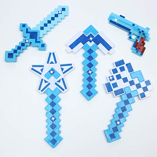 8 bit gun - Set of 5 DIAMOND Pixel Toy LED Light Up Pixel Battle Toy for Boys and Girls - 8 Bit Pistol Deluxe STYLE with LED Light up and FX Sounds -Sword Axe Pickaxe Star and Gun-3 Colors for Chioce (Blue)