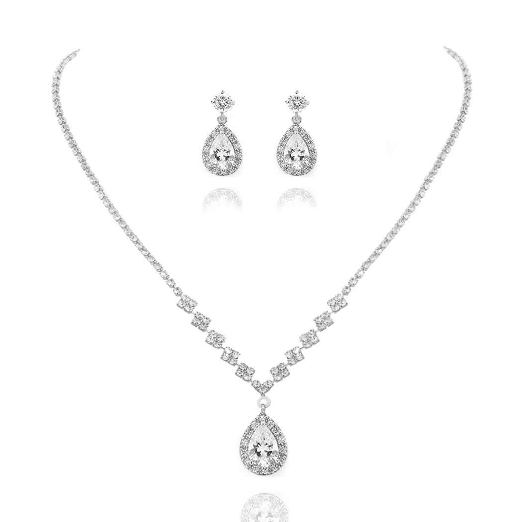 AukmlaBride Wedding Necklace Earrings Set Silver Rhinestones Necklaces Bridal Crystal Jewelry Accessories for Women (Set of 3)