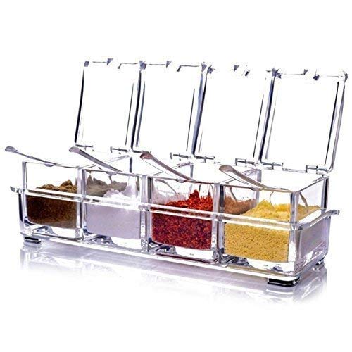 Viha Fab Enterprise Crystal Seasoning Acrylic Box Pepper Salt Spice Rack Plastic 4 Box with Spoons Kitchen See Through Storage Containers Cooking Tools