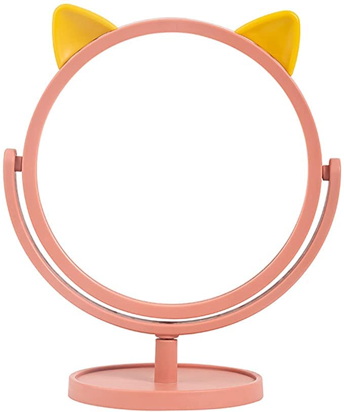 Decorhills Makeup Mirror, Cute Cat Ear Shaped Round Vanity Mirror 360 Degrees Rotation Table Mirror with Stand Durable Single Sided Glass Mirror for Desk Home