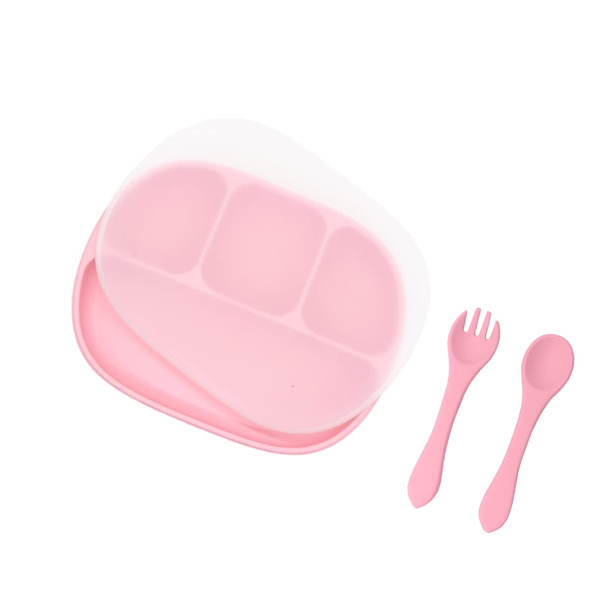 babees - Silicone Divider Plate, Strong Suction, Transparent Lid, with Soft Silicone Spoon & Fork, Toddlers Self Weaning | Pink