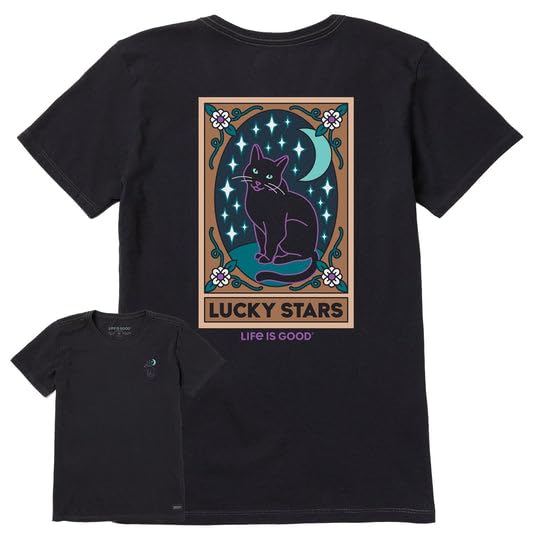 Life is Good. Women's Clean Lucky Stars Black Cat Tarot Short Sleeve Crusher Tee, Jet Black, Large