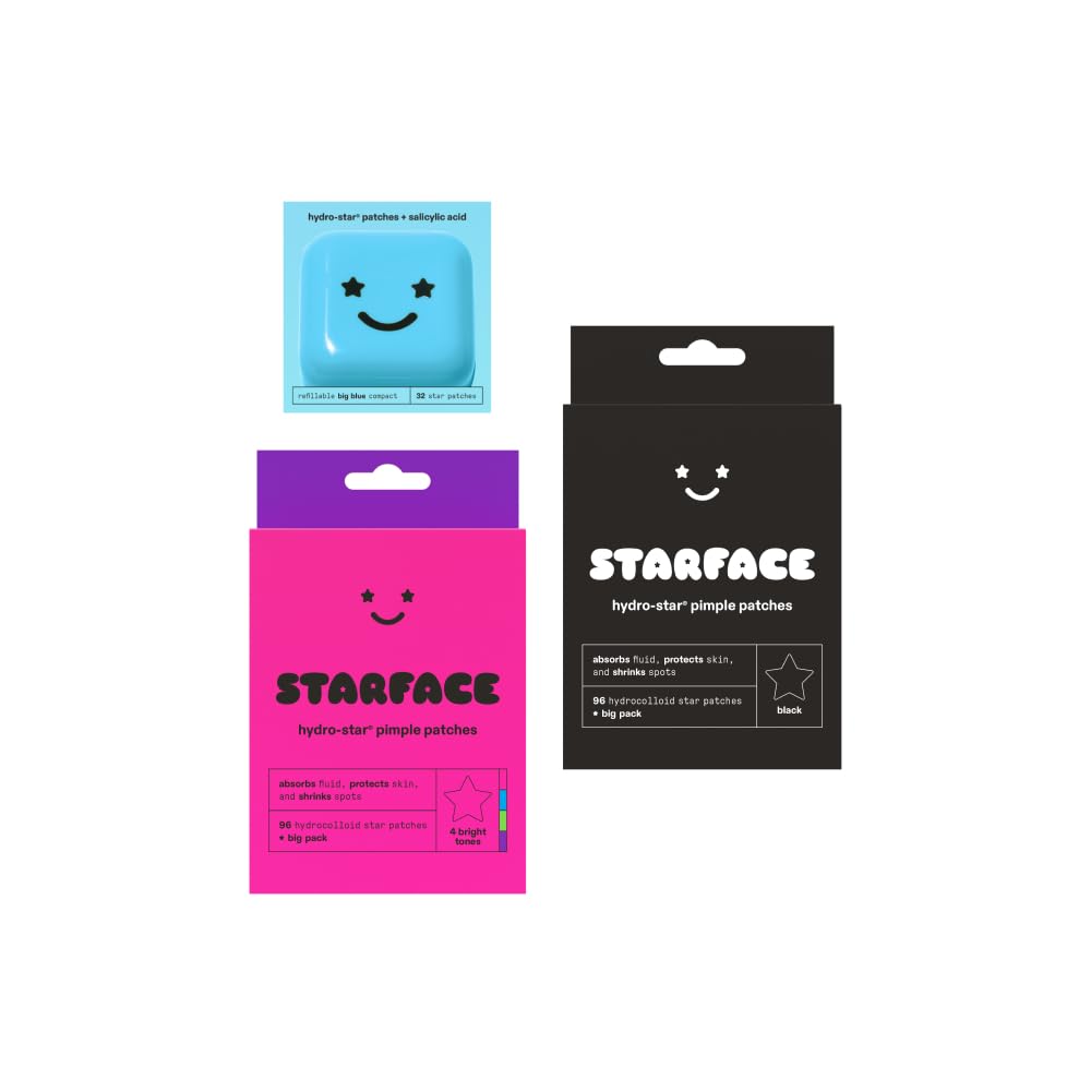 Starface Hydro-Star + Salicylic Acid Patches (32 ct) with Big Blue Compact, Black Star Hydrocolloid Pimple Patches Big Pack (96 ct), and Party Pack Hydrocolloid Pimple Patches Big Pack (96 ct)