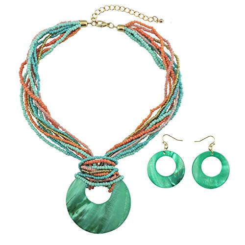 CoirisMulti Strand Statement Colorful Beaded Necklace with Big Circle Shell Pendant for Women