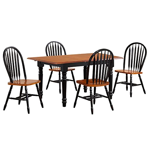 Sunset Trading Selections 5 Piece 60" Rectangular Extendable Windsor Arrowback Chairs | Butterfly Leaf Table Wood Dining Set, 2 Size Expandable, Seats 6, Antique Black and Cherry