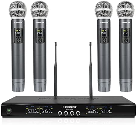 Phenyx Pro Wireless Microphone System, Metal Wireless Mic Set with 4 Cordless Mics, 4x25 UHF Adjustable Frequencies, 200ft Range, Dynamic Microphones for Singing, Karaoke, Church, DJ (PTU-5200-4H)