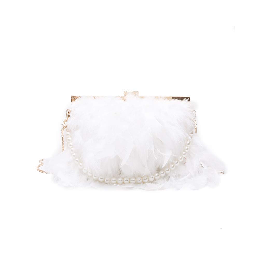 Fenical Evening Bag with Bead Strap Chain Clutch Bags Feather Shoulder Bag for Women Girls Ladies (White)