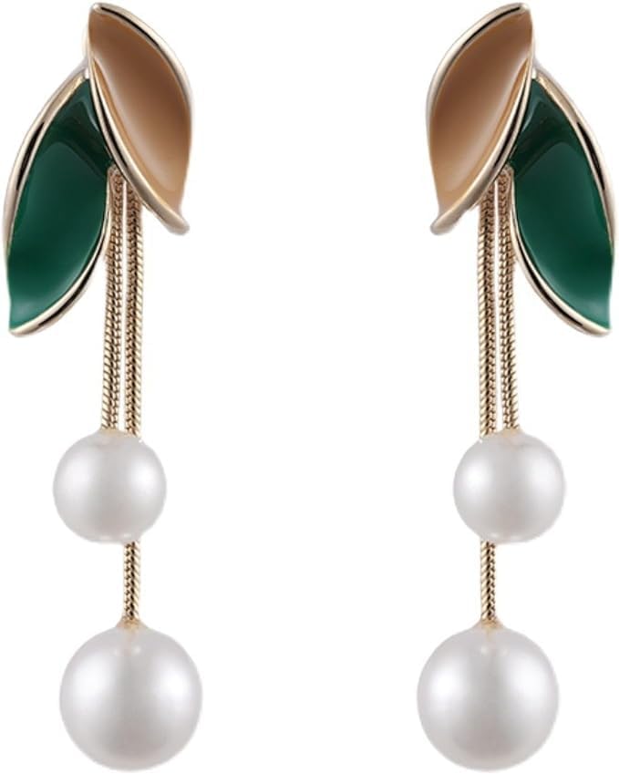 El RegaloLeaf Pearl Tassel Contemporary Drop Earrings For Girls & Women- Gold Tone Leaf Pearl Dangler Earrings