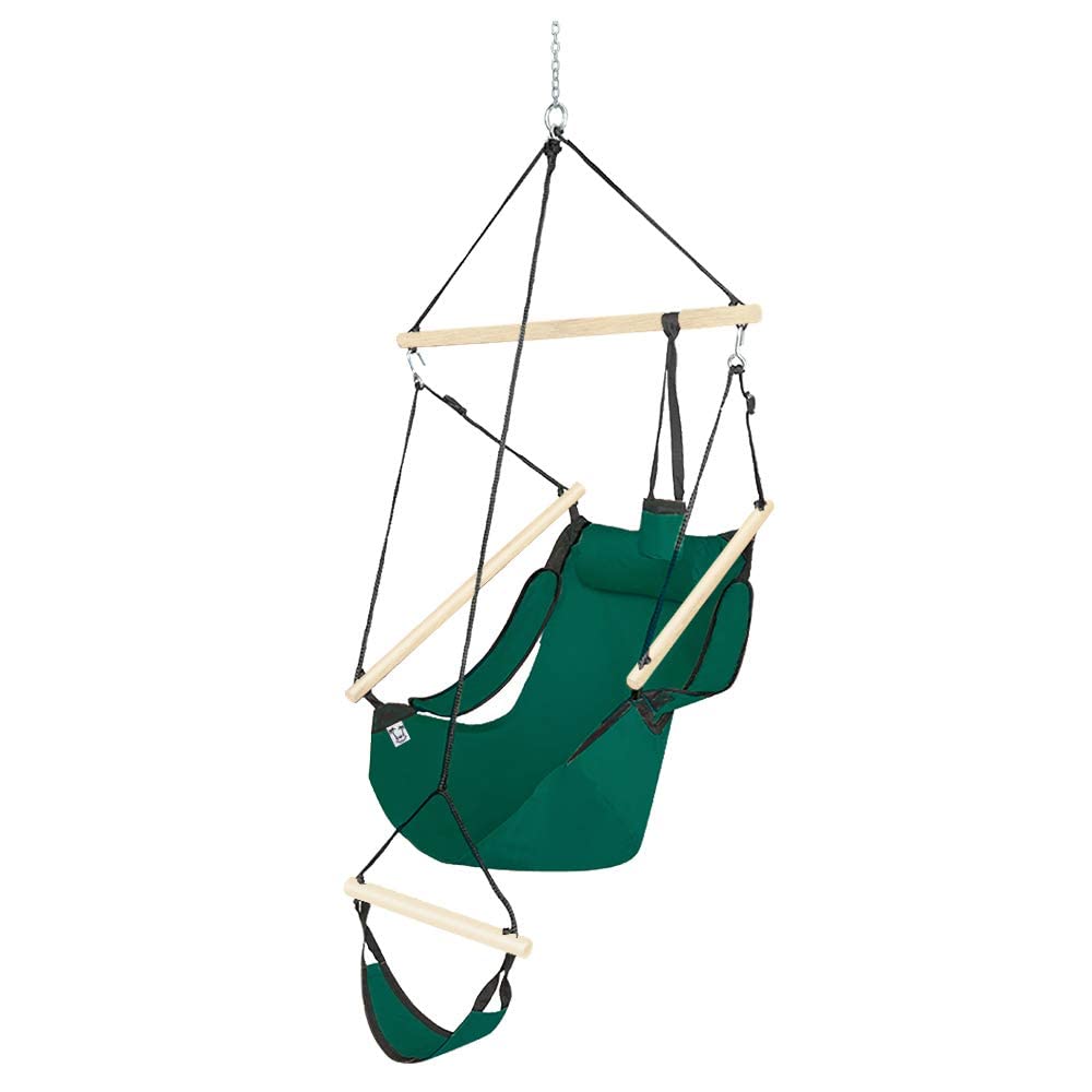 Upgraded Unique Hammock Hanging Sky Chair, Air Deluxe Swing Seat with Rope Through The Bars Safer Relax with Fuller Pillow and Drink Holder Beech Wood Indoor/Outdoor Patio Yard 250LBS Green