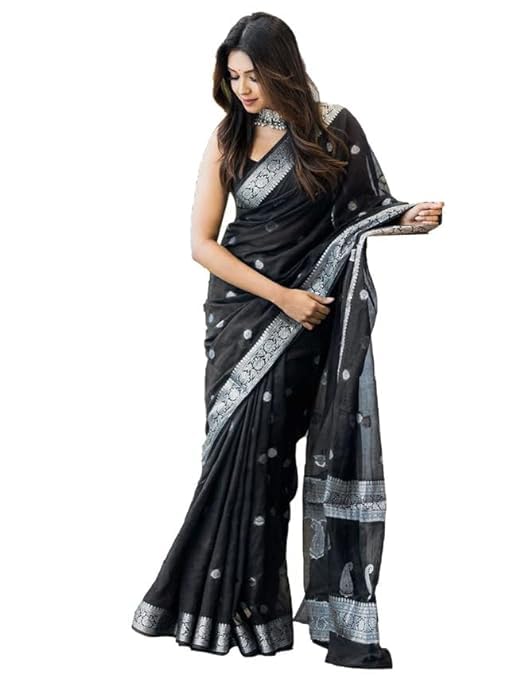 FABLINKwomen's Kanjivaram Cotton silk Saree for Black Color saree With Blouse Piece (PC191)