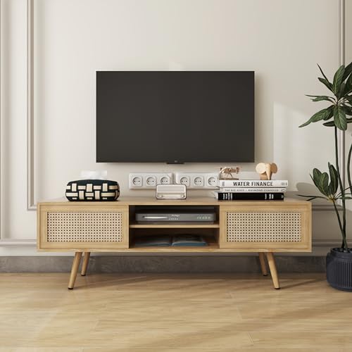 Rattan TV Stand, Entertainment Center with Storage, 55" Rattan Boho-Chic Vibe Wood TV Stand with Natural Rattan Sliding Doors & Adjustable Shelf, Media TV Stands for Living Room Bedroom