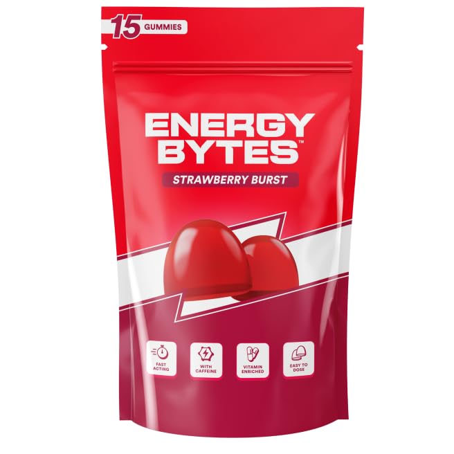 Energy Bytes Caffeine Gummies | 15 Count | Strawberry | Fast, Delicious Boost for Focus & Productivity | Superior to Energy Drinks, Gels, Chews | Vegan, Low Sugar, with Vitamins A, D, B3, B6 & B12