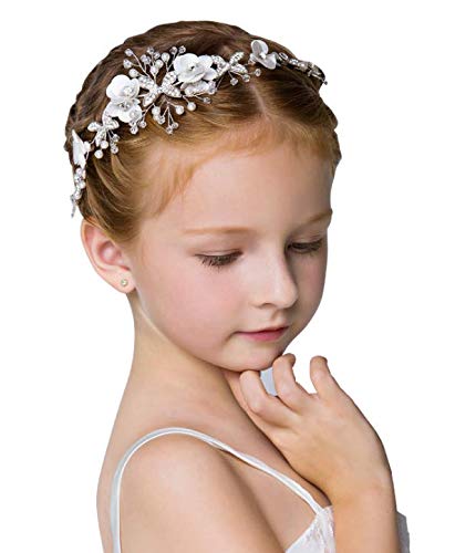 LocisneFlower Girl Headpiece Princess Wedding Accessories, Silver Hair Headband Flower Crown for Girls