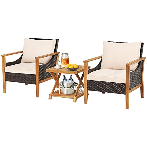 Tangkula 3 Pieces PE Wicker Patio Bistro Set, Outdoor Acacia Wood Conversation Set with Cushions and 2-Tier Coffee Table, Outdoor Patio Porch Furniture Set (Natural)