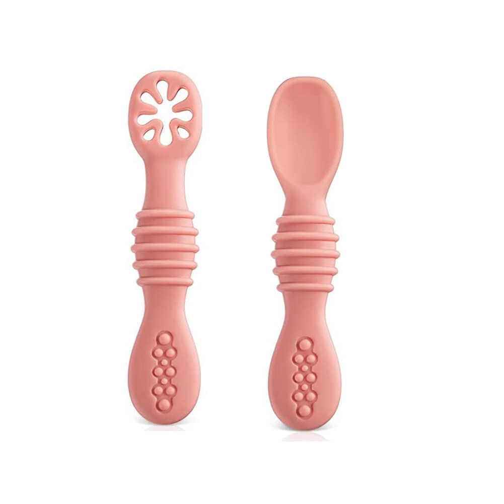 MALOMME Toddler Spoons - Training Spoons for Babies & Toddlers - 100% Food-Grade Silicone - BPA Free - Microwave & Dishwasher Safe - Self Feeding - Baby Led Weaning Feeding Supplies (Pink)