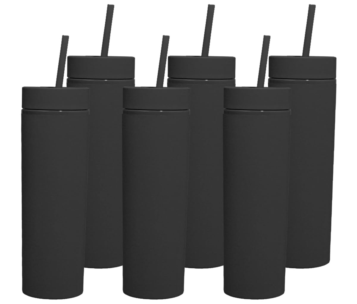 Skinny Tumblers with Lids and Straws Bulk.Matte Black Slim Tumbler Cups with Straws.16 oz Plastic Pastel Double Walled Acrylic Skinny Tumbler Set for Smoothie Ice Coffee.Customizable DIY Gift.