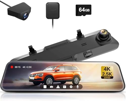 WOLFBOX G900 Rear View Mirror Camera, Mirror Dash Cam 4K Front and 2.5K Rear, Smart Full 12’’ Touch Screen, Backup Camera for Car, GPS, WDR, Night Vision, Included 64GB Card