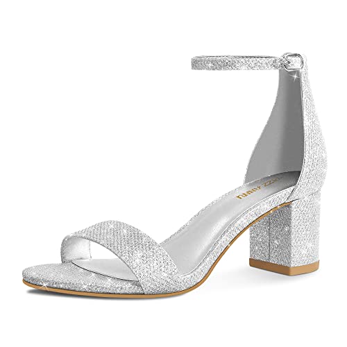 PIZZ ANNU Women's Low Block Heels 2 Inch Sandals Chunky Open Toe Ankle Strap Wedding Dress Pump Shoes For Women Brides Ladies, Silver Glitter 8