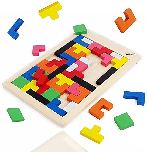 PLUSPOINT Brain Teasers Wooden Puzzles Brain Toy Russian Tangram Colorful Jigsaw Game Wood Puzzles Montessori Intelligence STEM Educational Gift for Baby Toddlers Kids Age 3+ Years (40 Pcs)