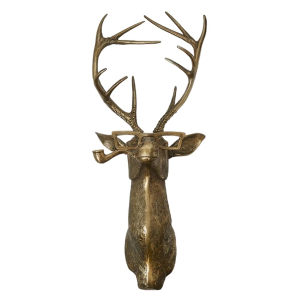 Lseqow Stag Deer Head Wall Sculpture Artificial Deer Head Antlers Wall Decor Deer Head Wall Mount Geometric Stag with Glasses and Pipe Wall Hanging Decor, gold,40*26CM