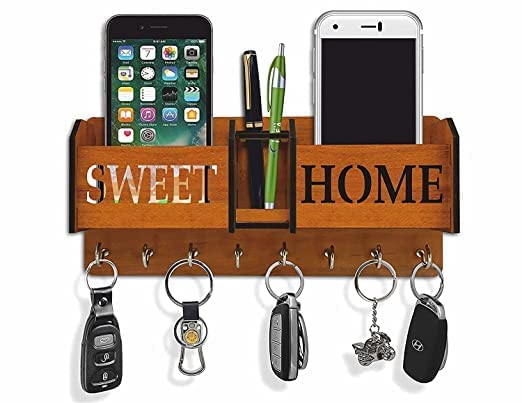 SAGE MDF Wood Wall Mounted Designer Key Holders for Decor Stylish Hook Stand Organizer Home, Office and Living Room Hanging Holder with Mobile Stand (Sweet-Home)