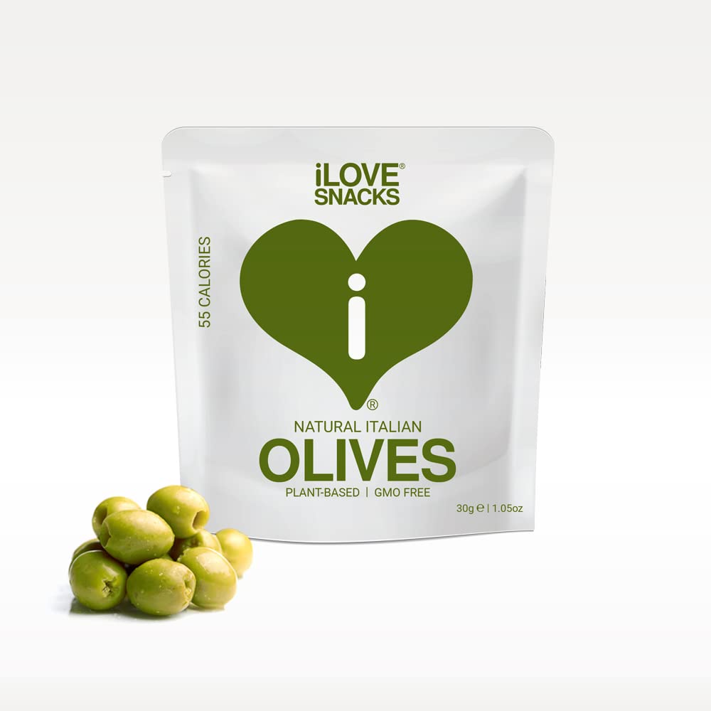 iLOVE SNACKS - Natural Italian Olives, Gluten-Free, Plant-Based, Vegetarian, GMO Free, Palm Oil Free, No Preservatives, Low Calorie, Healthy Snack, Italian Snacks, Pitted Olives, All Natural,15 x 30g