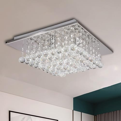 A1A9 Crystal Chandelier Lights, Modern Square Glass Droplet Ceiling Light Pendant Lamp, Flush Mount LED Chandeliers Fixture for Dining Room, Bedroom, Livingroom, Office, Size: L38cm W38cm H23cm [Energy Class A]