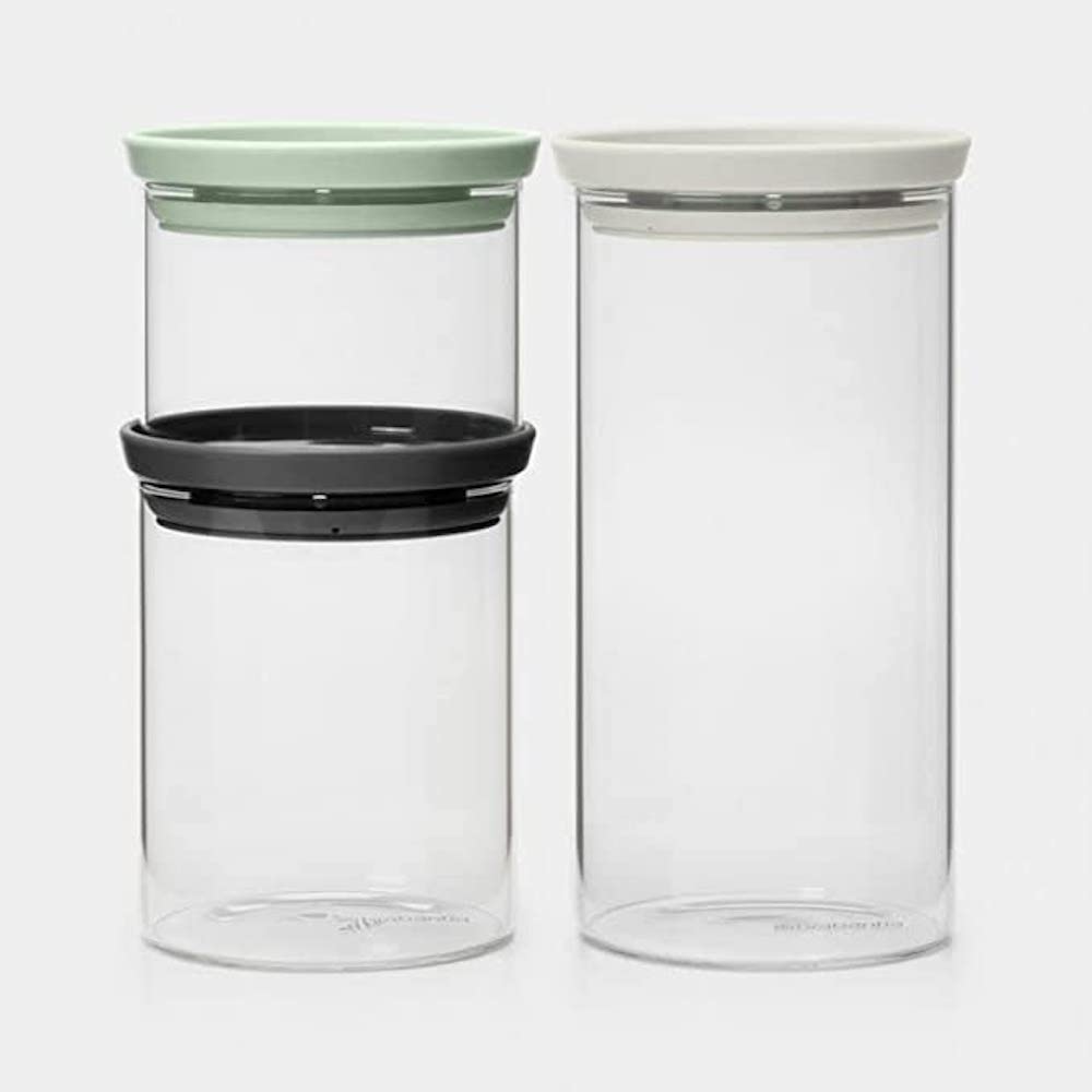 Brabantia Set of 3 Stackable Glass Jars, 0.3, 0.6 and 1.1 litre - Mixed