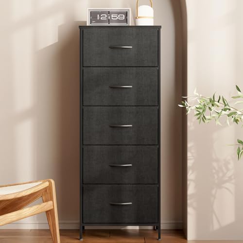 AODKDresser for Bedroom with 5 Storage Drawers, 48" Tall Dresser Chest of Drawers Fabric Dresser with Sturdy Steel Frame, Black