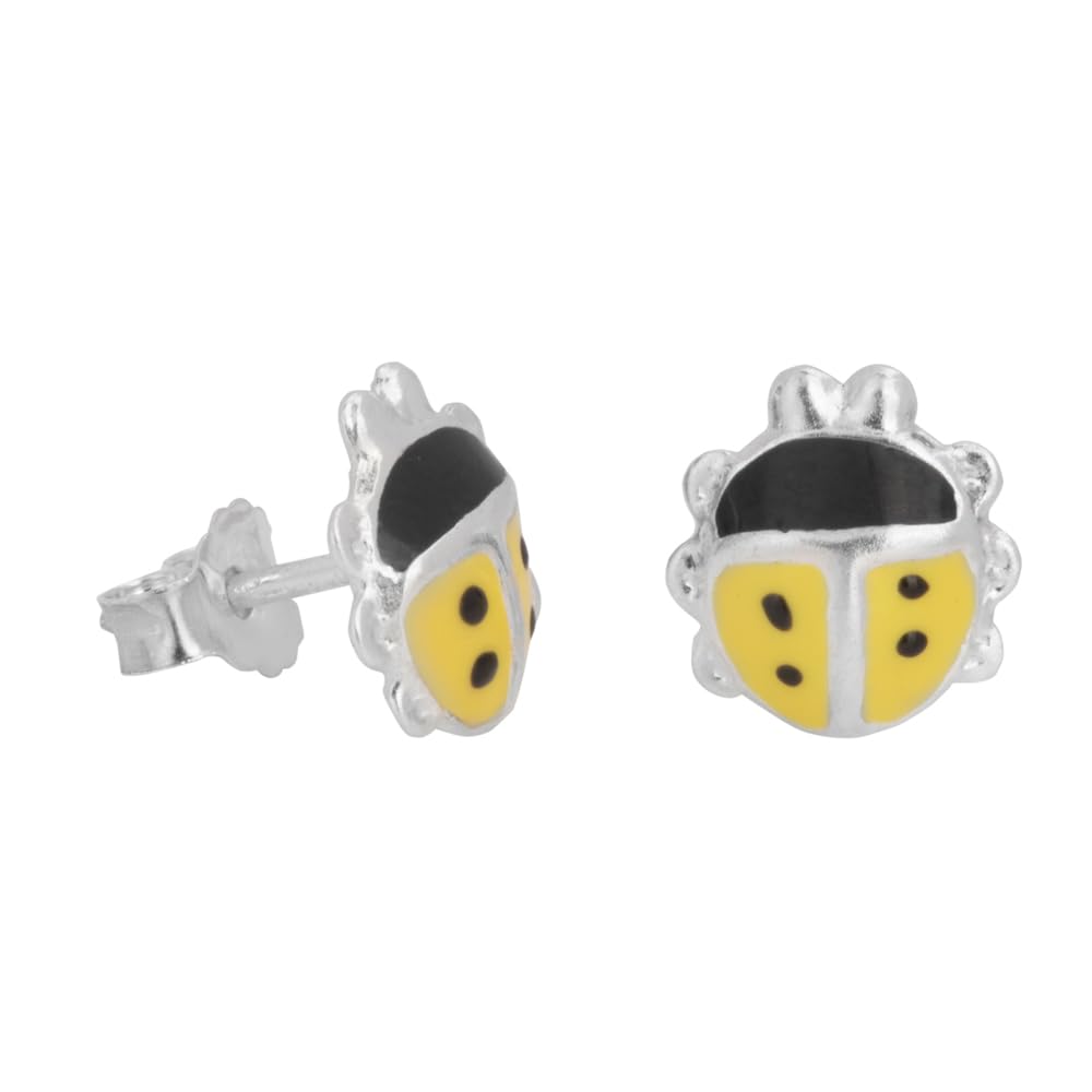 925 Sterling Silver Hypoallergenic Yellow & Black Beetle Studs Earrings for Babies, Kids & Girls | Rakhi Gift | Comes in a Gift Box | 925 Stamped with Certificate of Authenticity