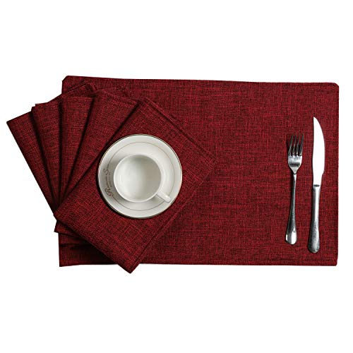 U'Artlines Placemats Set of 6 Slubbed Linen Heat Resistant Non-Slip Dining Table Place Mats for Kitchen Table (6pcs, Wine Red)