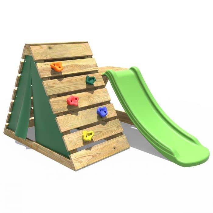 Rebo® Mini Wooden Climbing Pyramid Adventure Playset and Slide - Green | OutdoorToys | Pressure Treated Timber - Secret Hideaway, Climbing Rocks and Slide