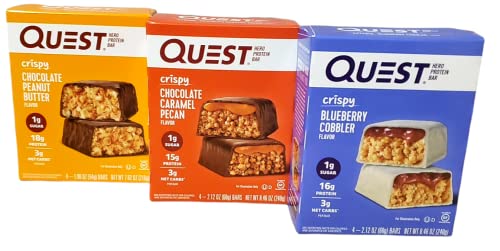 quest bar blueberry - 3) Pack Quest Hero Protein Bar - each pack contain 4 Bars - 1.90 oz (54g) NET WT 7.62 oz ( 216g) each. 1 Pack Crispy Chocolate Peanut butter flavor, 1 Pack Crispy Chocolate Caramel Pecan Flavor & 1 Pack Crispy Blueberry Cobbler Flavor