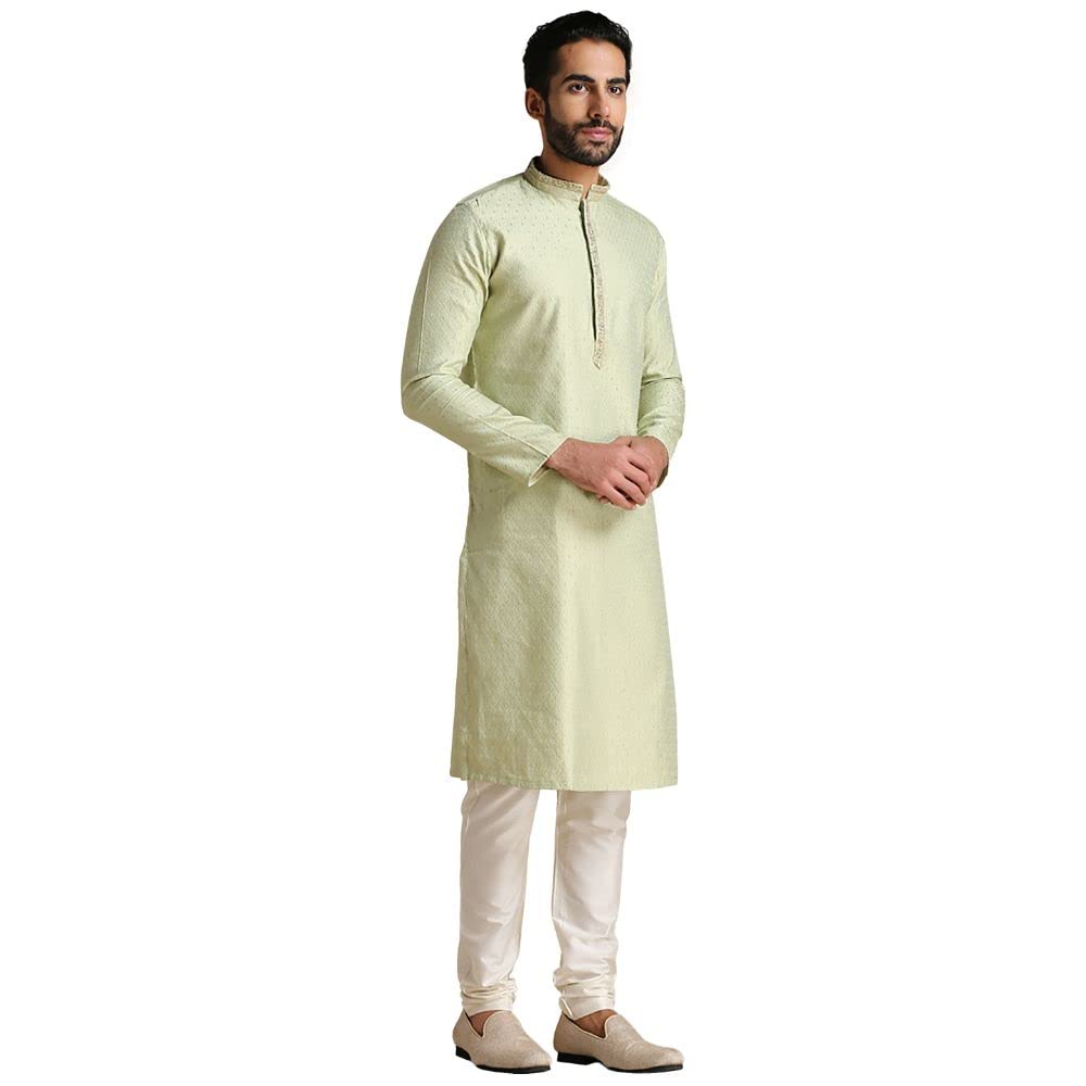 Manyavar Kurta Set for Men, Full Sleeves Mandarin Collar Ethnic Men's Kurta Set for Engagement, Wedding, Party Art Silk All Over Self Design (Green)