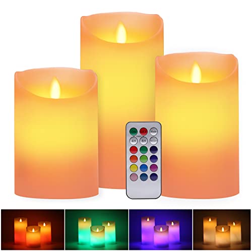 ALED LIGHT Lampe Bougie LED sans Flamme, 3 pcs Blanc Chaud et Multicolore Véritable Chandelles Bougie LED RGB à piles avec Télécommande Minuterie pour Décoration Intérieure Extérieure Mariage Noël