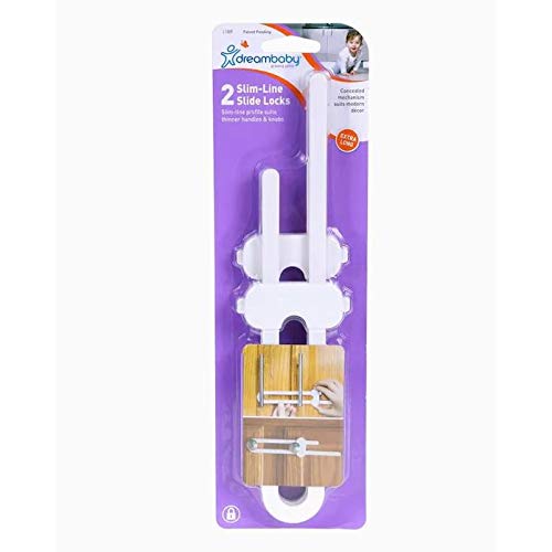 DreambabySlimline Slide Lock for Baby Proofing - Child Safety Cupboard Handle Locks - Suitable for Thinner Handles & Knobs - White - 2 Pack