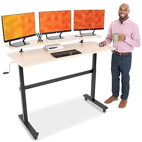 Stand Steady Tranzendesk | 55 Inch Standing Desk with Clamp On Shelf & Detachable Wheels | Crank Height Adjustable Sit to Stand Workstation | Monitor Riser Supports 3 Screens (55 in / Maple)