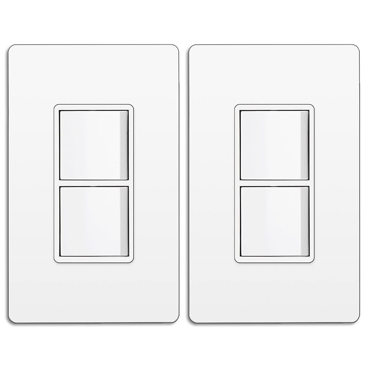 BESTTEN2 Pack Double Rocker Light Switch, Two Single Pole Electrical Paddle Switch, 15A 120V, Dual in-Wall Decorator Switch, Combination Interrupter, Screwless Wallplate Included, UL Listed, White