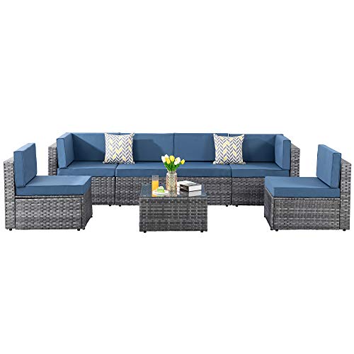 Shintenchi7 Pieces Outdoor Patio Sectional Sofa Couch, Gray PE Wicker Furniture Conversation Sets with Washable Cushions & Glass Coffee Table for Garden, Poolside, Backyard (Aegean Blue)